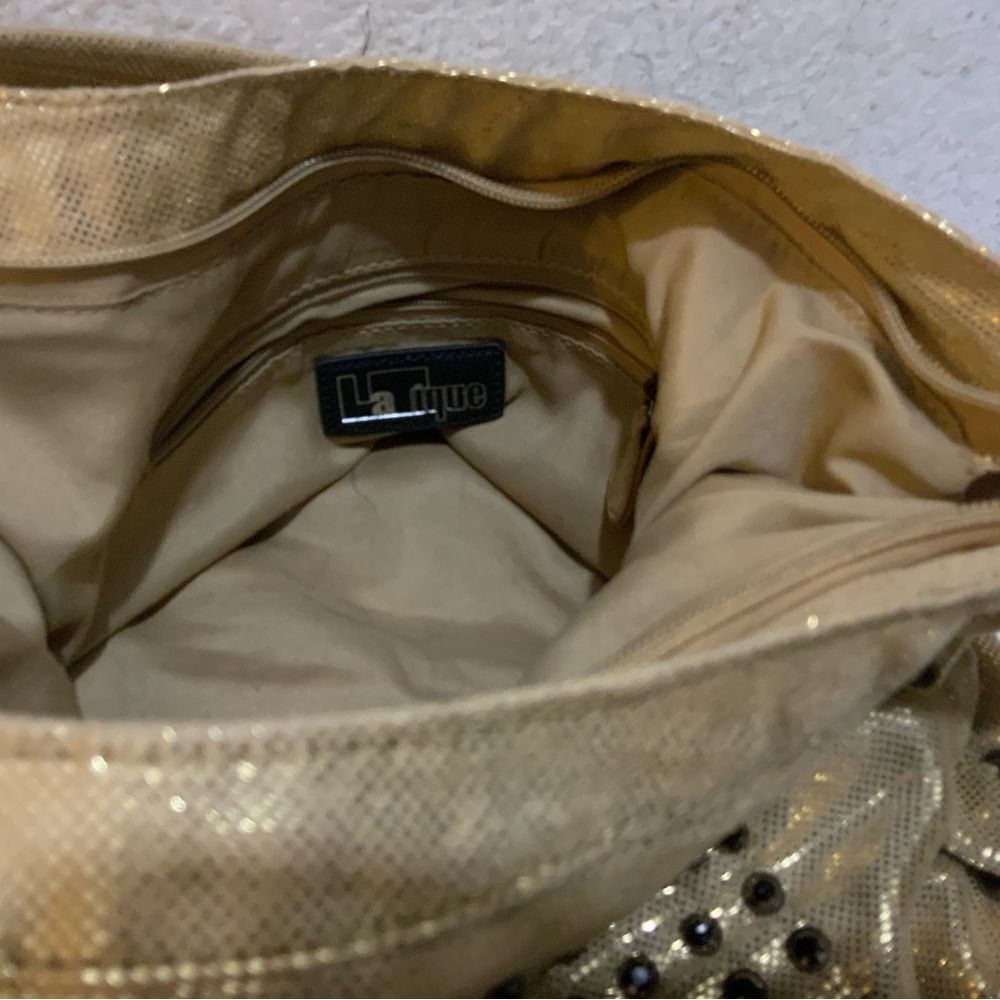New LATIQUE purse pretty gold metallic studded shoulder bag canvas HOBO - Picture 8 of 10